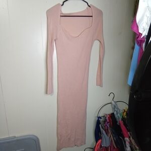 Square Neck Long Sleeve Ribbed Maxi Dress in Blush Pink